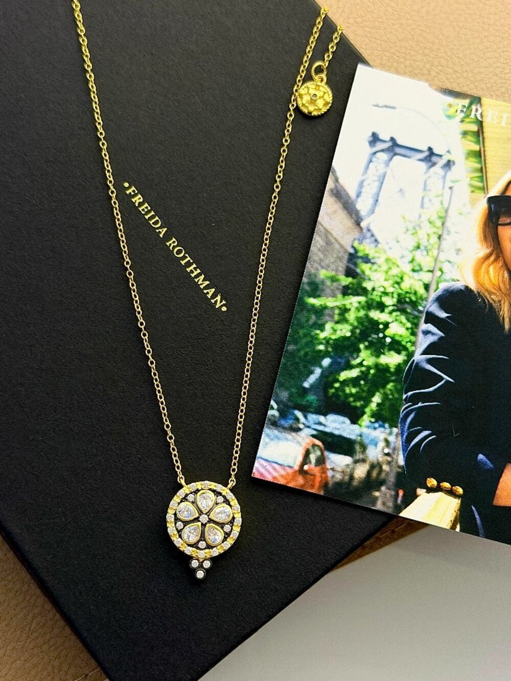 FREIDA ROTHMAN - Black and Gold Signature Pave Flower Necklace
